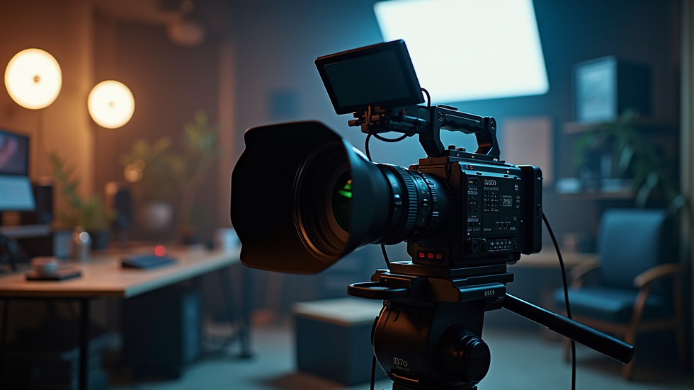 Eye-level view of a professional video camera setup in a studio