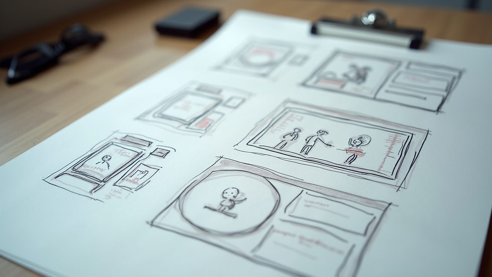 Close-up view of a storyboard with sketches and notes for an explainer video