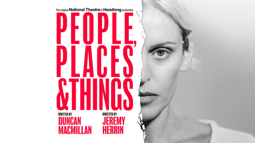Promotional image for People, Places & Things, featuring a black-and-white portrait of a woman’s face with bold red title text.