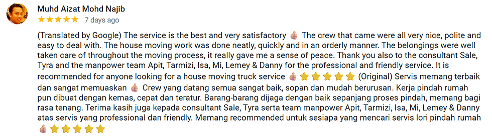 Review by Muhd Aizat Mohd Najib with a 5-star rating. Praises moving service for being professional, friendly, and efficient. Includes English and Malay text.