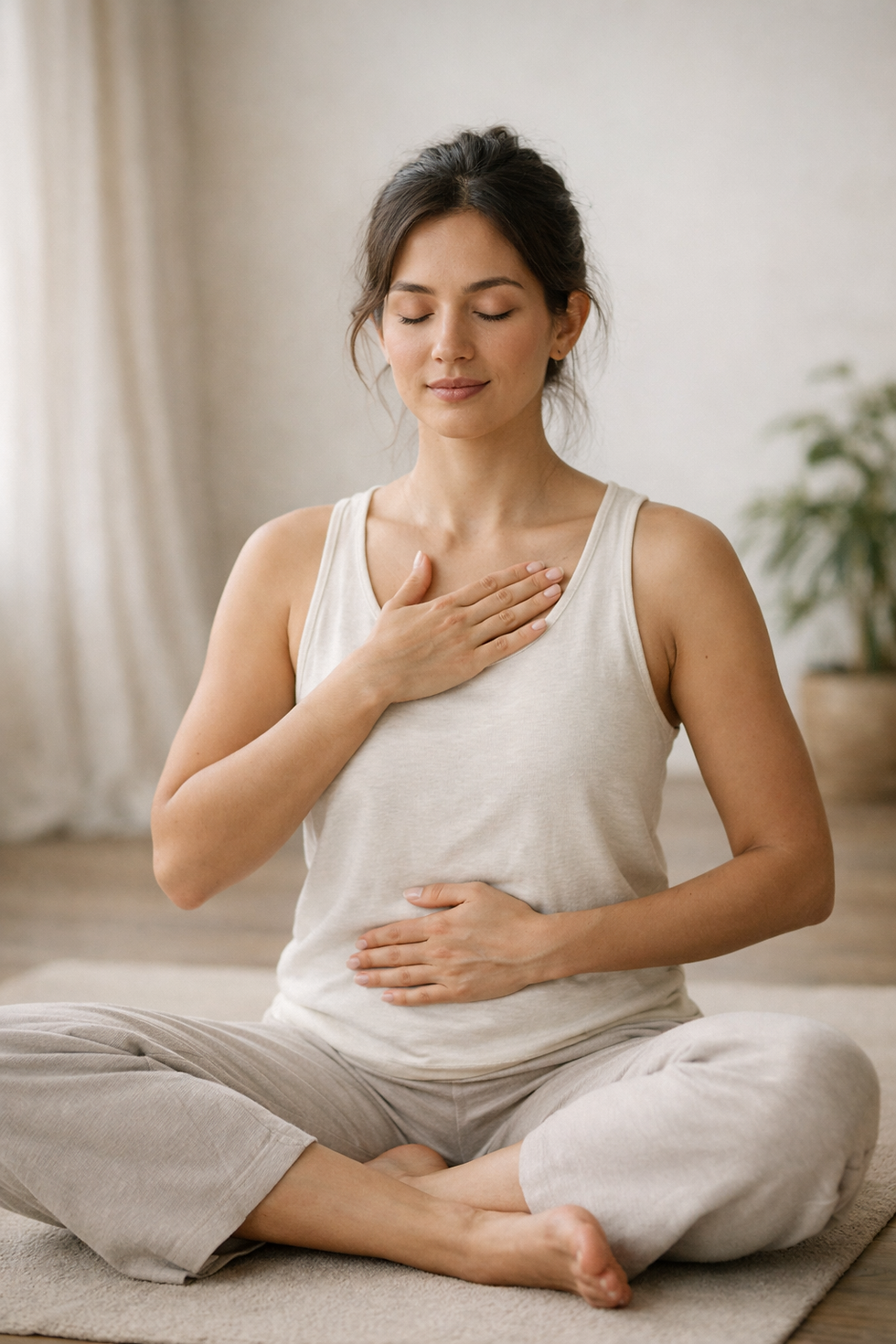 Woman in a beige outfit sits cross-legged, eyes closed, with hands on chest and stomach, in a serene room with soft lighting and plants.