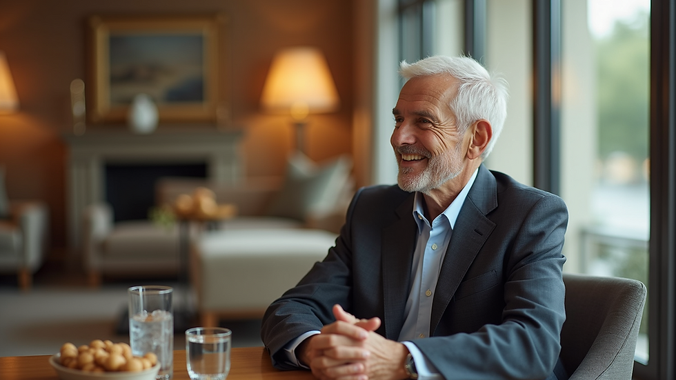 Eye-level view of a senior enjoying a luxurious lifestyle with a personal concierge