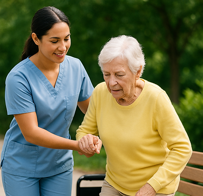 Caregiver helping senior female to sit in Palm beach County