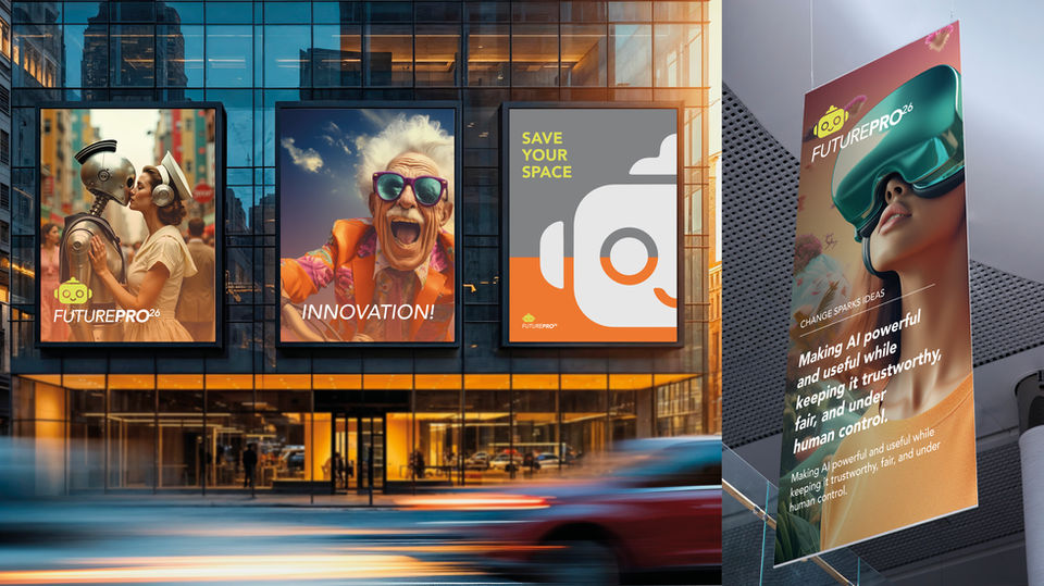 FuturePro26 brand identity showcasing logo design, advertising billboards, business card designs, print marketing, and branded graphic design assets for a modern technology company.