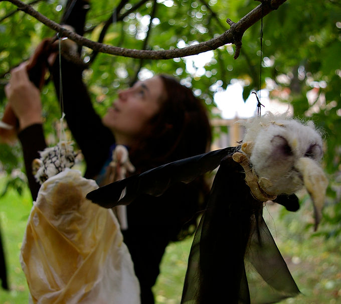 Selection of hybrid sculptural works assembled from human hair, animal remains, fur, and found materials.