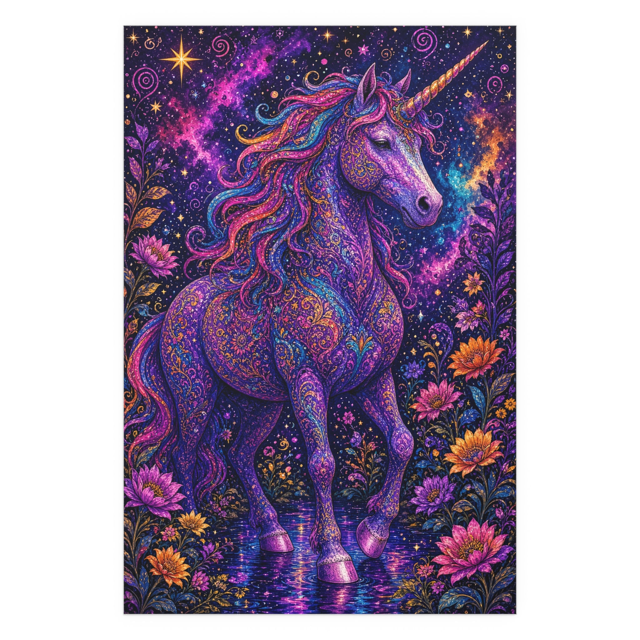 Silk Unicorn Poster — Vibrant Purple Fantasy Wall Art (Indoor/Outdoor)