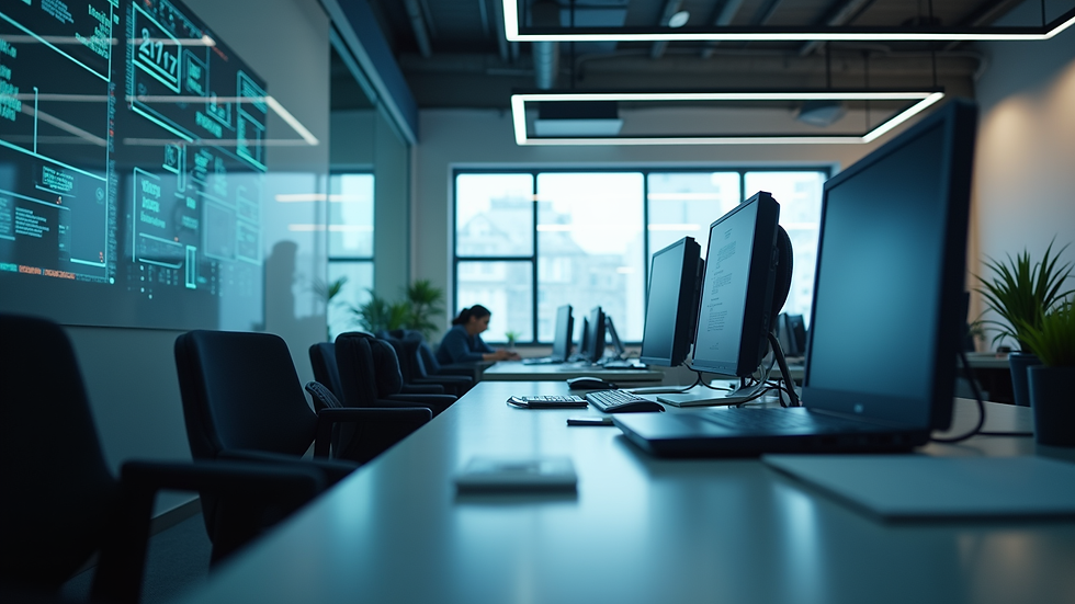 Eye-level view of a modern workspace with AI technology integration