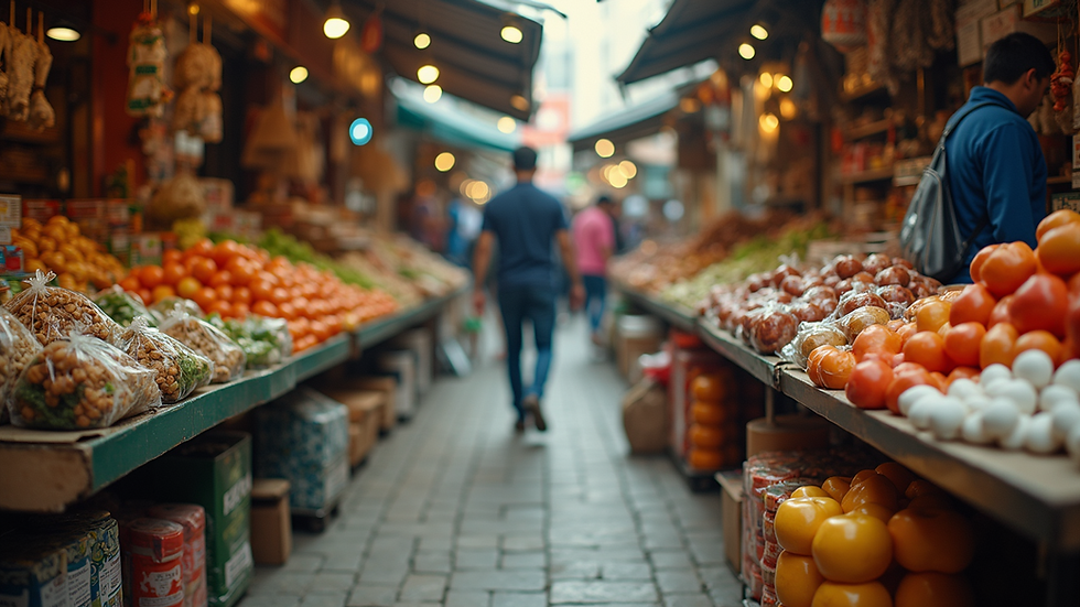 Eye-level view of a vibrant urban market showcasing various local products