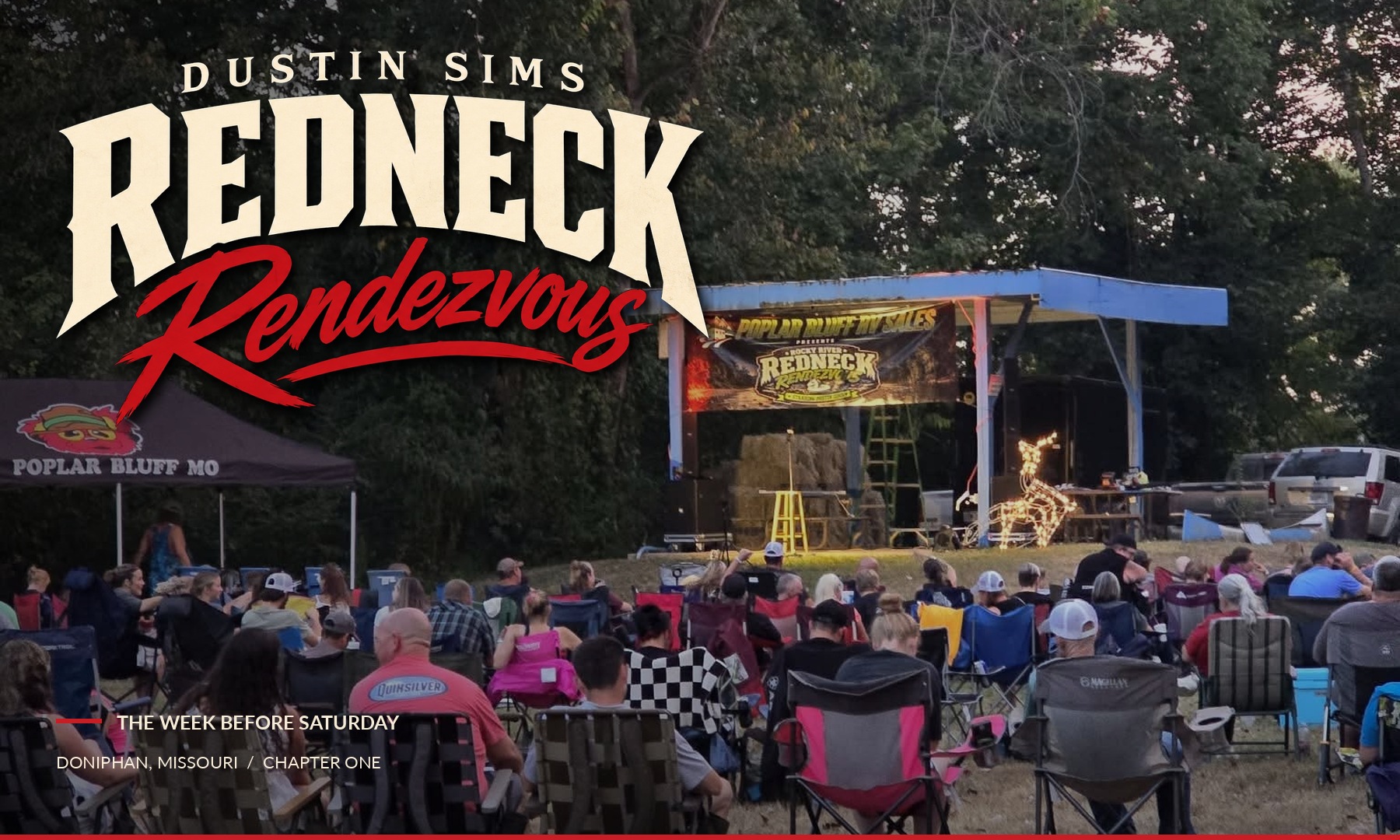 Redneck Rendezvous wordmark over the actual crowd and outdoor stage at Rocky River Resort in Doniphan.