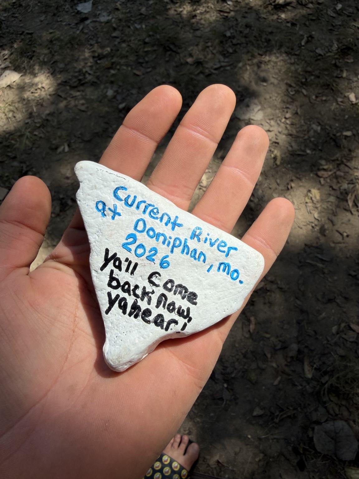 A going-away rock from Justin Wagner and his wife: Current River, Doniphan, Missouri, 2026. 'Y'all come back now, ya hear.'