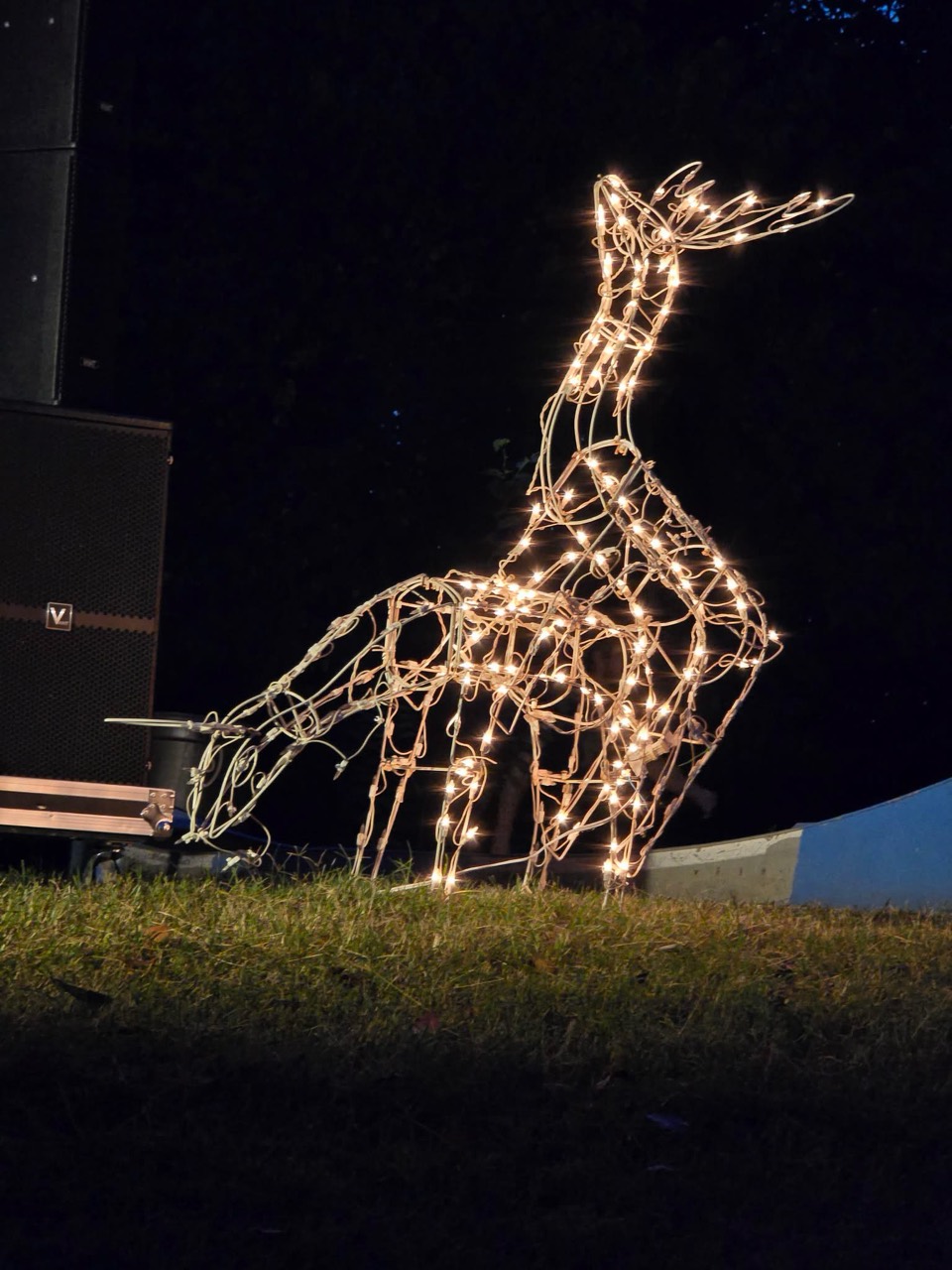 Two illuminated reindeer decorations posed together beside the speakers.