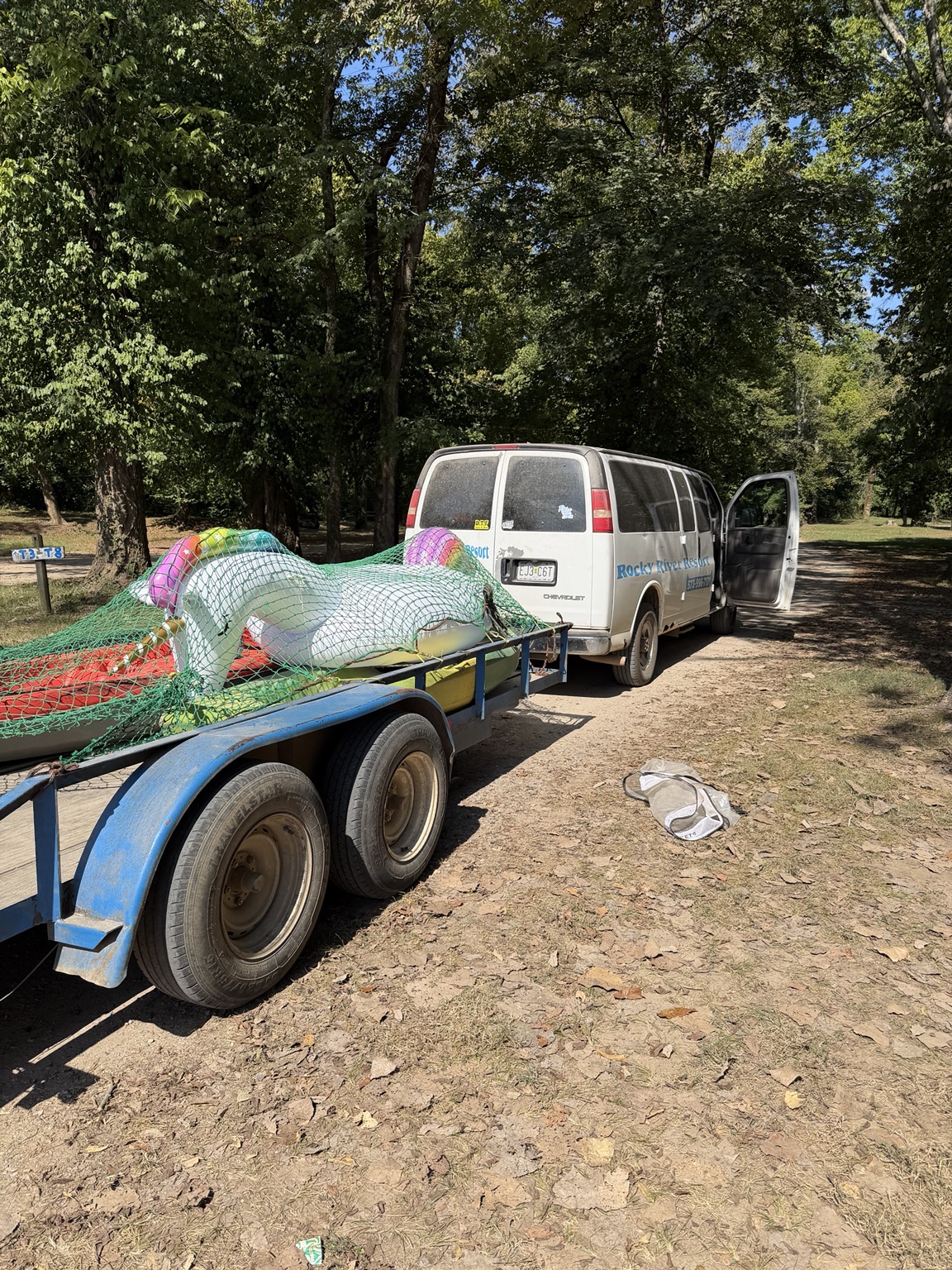 Dolly the inflatable unicorn on a boat trailer at Rocky River.