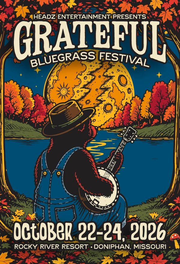 Official Grateful Bluegrass Festival artwork from Headz Entertainment, featuring a banjo player beside the river under an autumn moon.