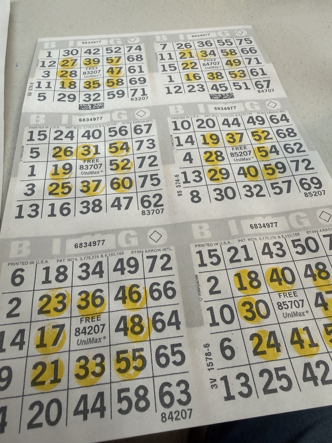 Marked bingo cards at Doniphan VFW bingo.