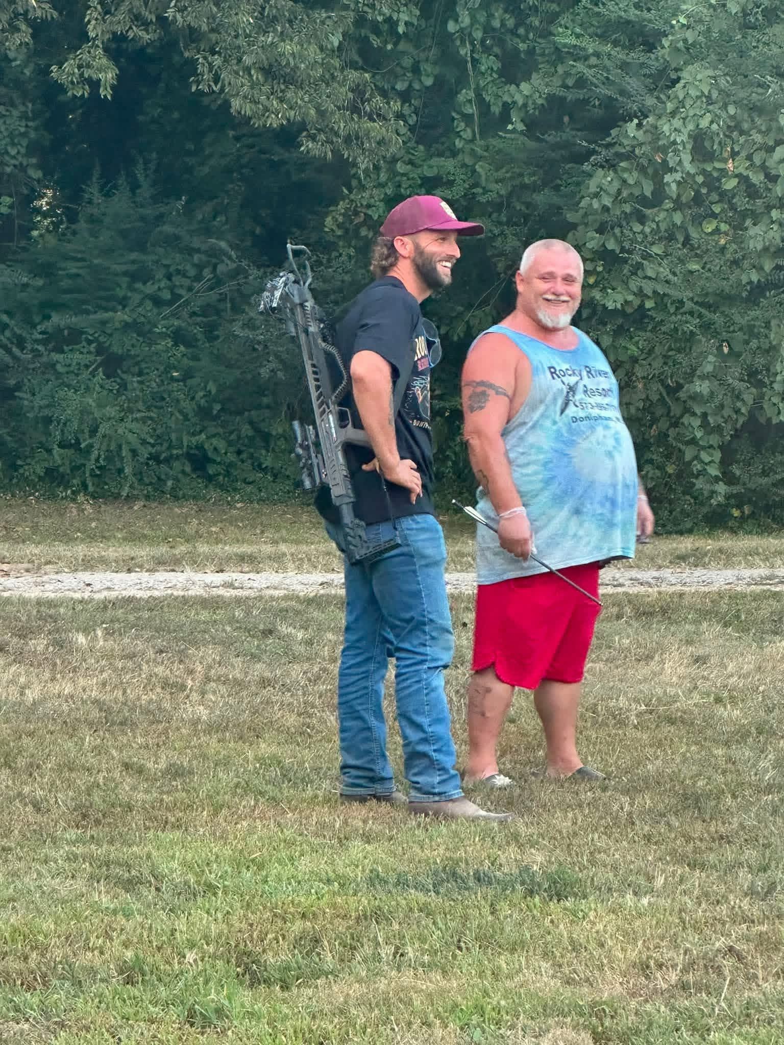 Dustin and Dale with the crossbow at Rocky River Resort.