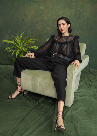 studio photography, London, Farringdon, fashion, green, canvas background, editorial, model, chair, plant