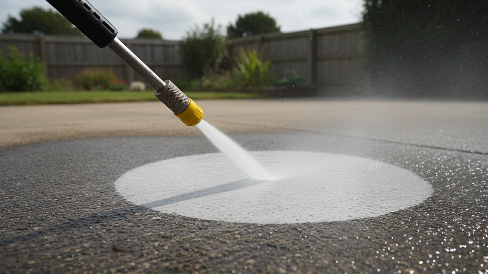 Close-up view of a pressure washer nozzle spraying water on a concrete surface