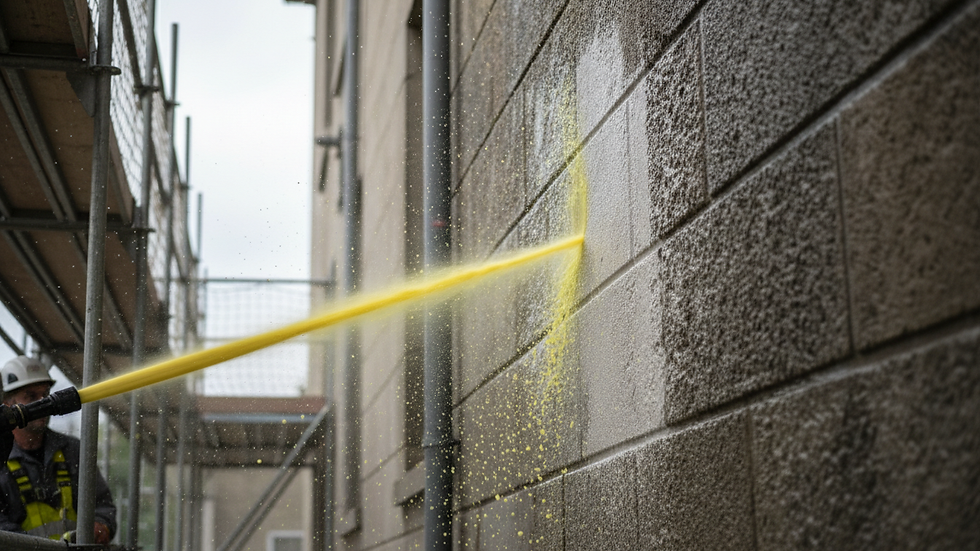 Close-up view of high-pressure water jet cleaning a building facade