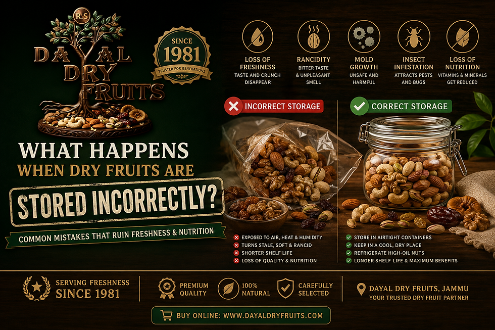What Happens When Dry Fruits Are Stored Incorrectly? Common Mistakes That Ruin Freshness and Nutrition- By Dayal Dry Fruits, Jammu – Serving Freshness Since 1981