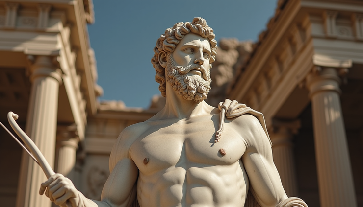 High angle view of a classical Greek statue of Odysseus holding a bow