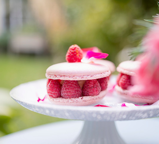 Ästhetisch arrangierte Himbeer-Macarons bei einem professionellen Food- und Produktfotografie-Shooting.