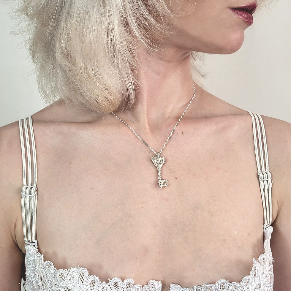 Miniature : Sterling silver heart-shaped organic key pendant on a chain