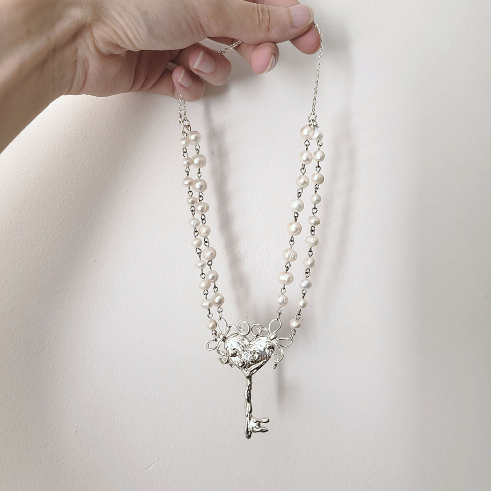 Miniature : Sterling silver heart-shaped pendant surrounded by two bows and topped with a freshwater pearl on a freshwater pearl chain