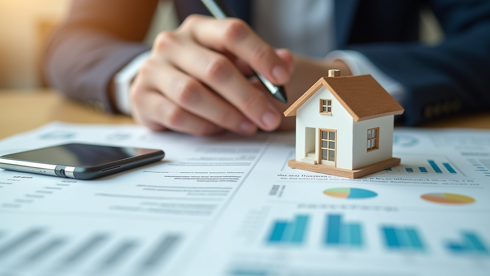 Close-up view of a hand holding a small house model on a financial document