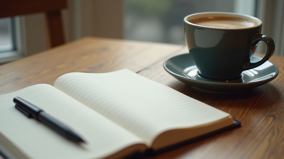 Close-up view of a journal with a pen and a cup of coffee on a wooden table