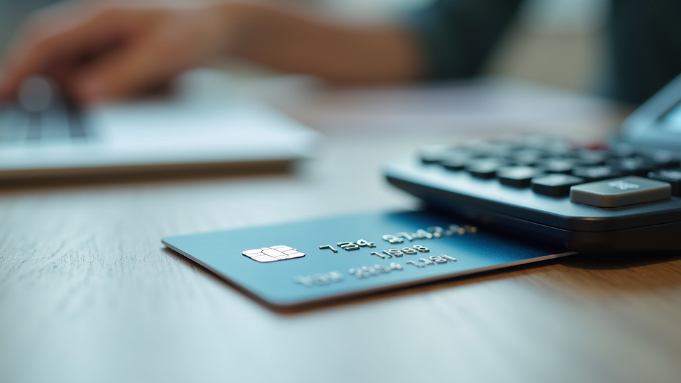 Close-up view of a credit card and calculator on a desk