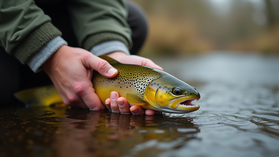Close-up view of a trout being gently held with wet hands over a stream