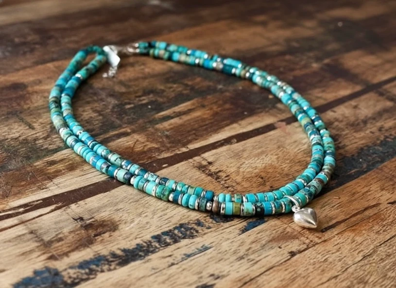 שרשרת כפולה ג'ספר, טורקיז אפריקאי ולב כסף סטרלינג 925 מעצבת פז בק