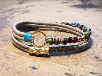 צמיד משולב טבעת ציפוי זהב 14 קרט רקועה וצינור יצוק בראס בציפוי זהב 14 קרט אבני גרנט,טורקיז טבעיות