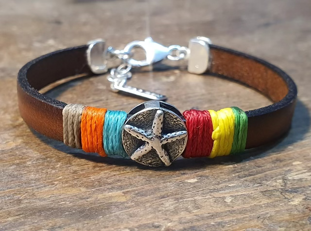 צמיד עור איכותי-סנטר אלמנט כסף 925 כוכב ים וקשירות חוטים צבעוניים-סוגרי כסף 925