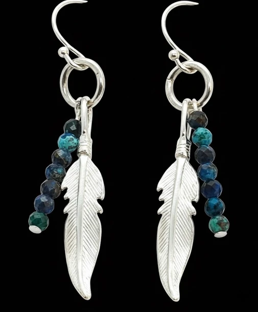 עגילי כסף סטרלינג נתלים-אלמנט נוצה כסף ואבני טורקיז