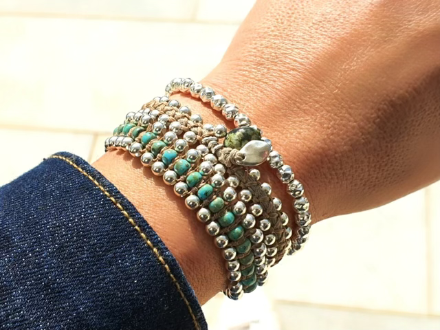 סט 2 צמידים -צמיד שילוב של כדורי כסף ,מיוקי יפנים,אבן טורקיז אפריקאית ותליון טיפה כסף 925. צמיד בודד כדורי כסף רקועים 925