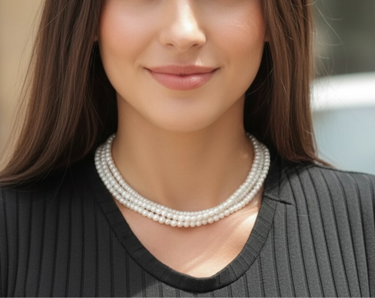 שרשרת פנינים מרשימה המעוצבת ב-3 שכבות של פנינים מתורבתות שונות מעצבת פז בק