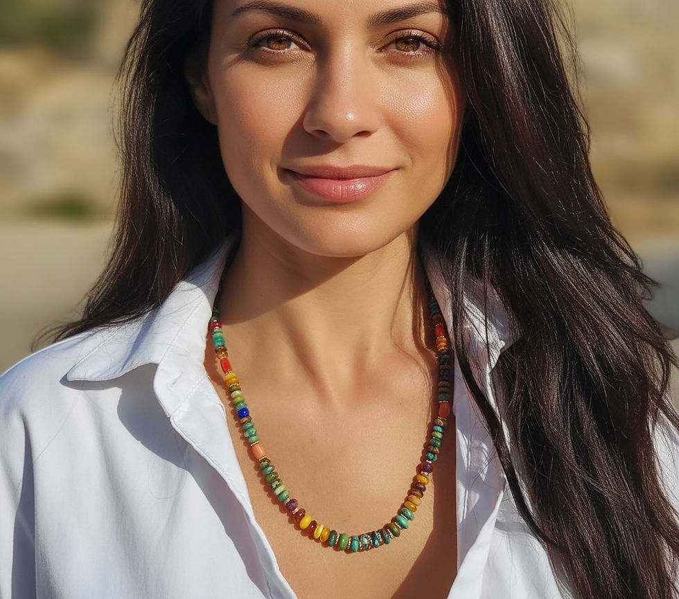 שרשרת אבני חן טבעיות טורקיז מיוחדות בגוונים שונים,ענברים נדירים,קורל איטלקי,רובי,לאפיס הפרדות זהב 14 קרט ורינגים ציפוי זהב 14