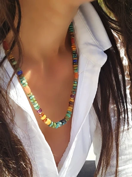 שרשרת אבני חן טבעיות טורקיז מיוחדות בגוונים שונים,ענברים נדירים,קורל איטלקי,רובי,לאפיס הפרדות זהב 14 קרט ורינגים ציפוי זהב 14