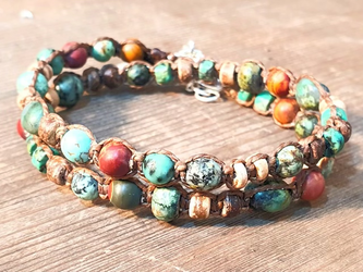 צמיד יוניסקס, ארוג בחוטי שעווה,מלופף 2 ליפופים,שילוב של אבני טורקיז אפריקאיות ,קוקוס,ג'ספר