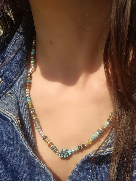 שרשרת אבני טורקיז טבעיות-טורקיז אפריקאי,גרנט,ענבר,לברדורייט,אבן טורקיז מרכזית הפרדות וכדורי כסף 925