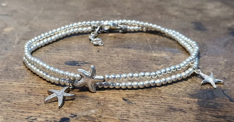 צמיד רגל 2 ליפופים-כדורי כסף 925 3 מ"מ ואלמנטים כסף 925 -כוכבי ים,כוכב ים משובץ זירקונים