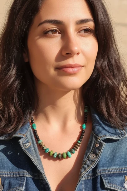 שרשרת ייחודית המשלבת מגוון אבני חן : טורקיז, טורקיז טיבטי, ענבר בשלושה גוונים, ואוניקס פז בק