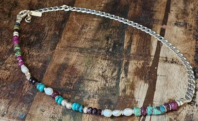 שרשרת יוניסקס משולבת כסף ואבני חן חצי שרשרת גורמט כסף 925  ושילוב חצי שרשרת אבני רובי,טורקיז,גרנט,ופניני מים מתוקים