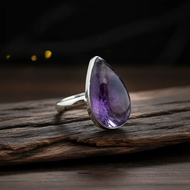 טבעת כסף 925  בשיבוץ אבן אמטיסט בצורת טיפה . פז בק