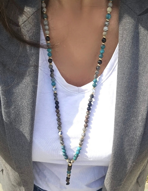 שרשרת אבני חן טורמלין, אוניקס, טורקיז היולייט, הרקימר וג'ספר מעובדות מעצבת פז בק