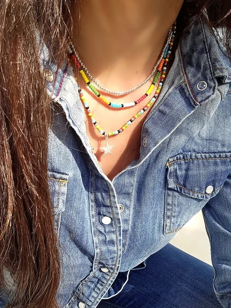 שרשרת צבעונית 3 שכבות נסגרת בסוגר 1 חרוזים יפנים,כדורי כסף,תליון כוכב  וסוגרי כסף 925