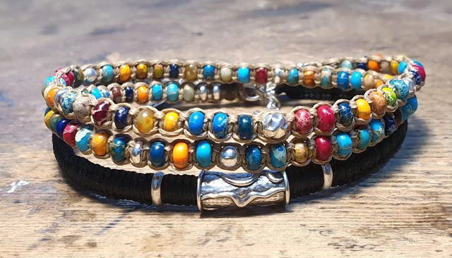 סט 2 צמידים משולבים אבני ג'ספר המטייט ונגיעות כדורי כסף,סנטר צינור כסף רקוע וסוגר כסף 925