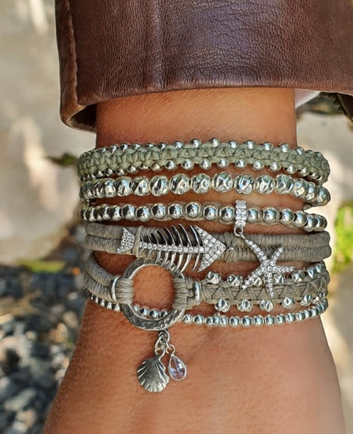 סט 5 צמידים כסף סטרלינג 925 וגווני ירוק זית ואדמה מעצבת פז בק