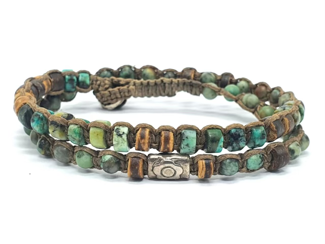 צמיד ארוג חוטי שעו וה משולב אבני טורקיז אפריקאיות,קוקוס בשילוב אלמנט בסגנון עתיק כסף 925